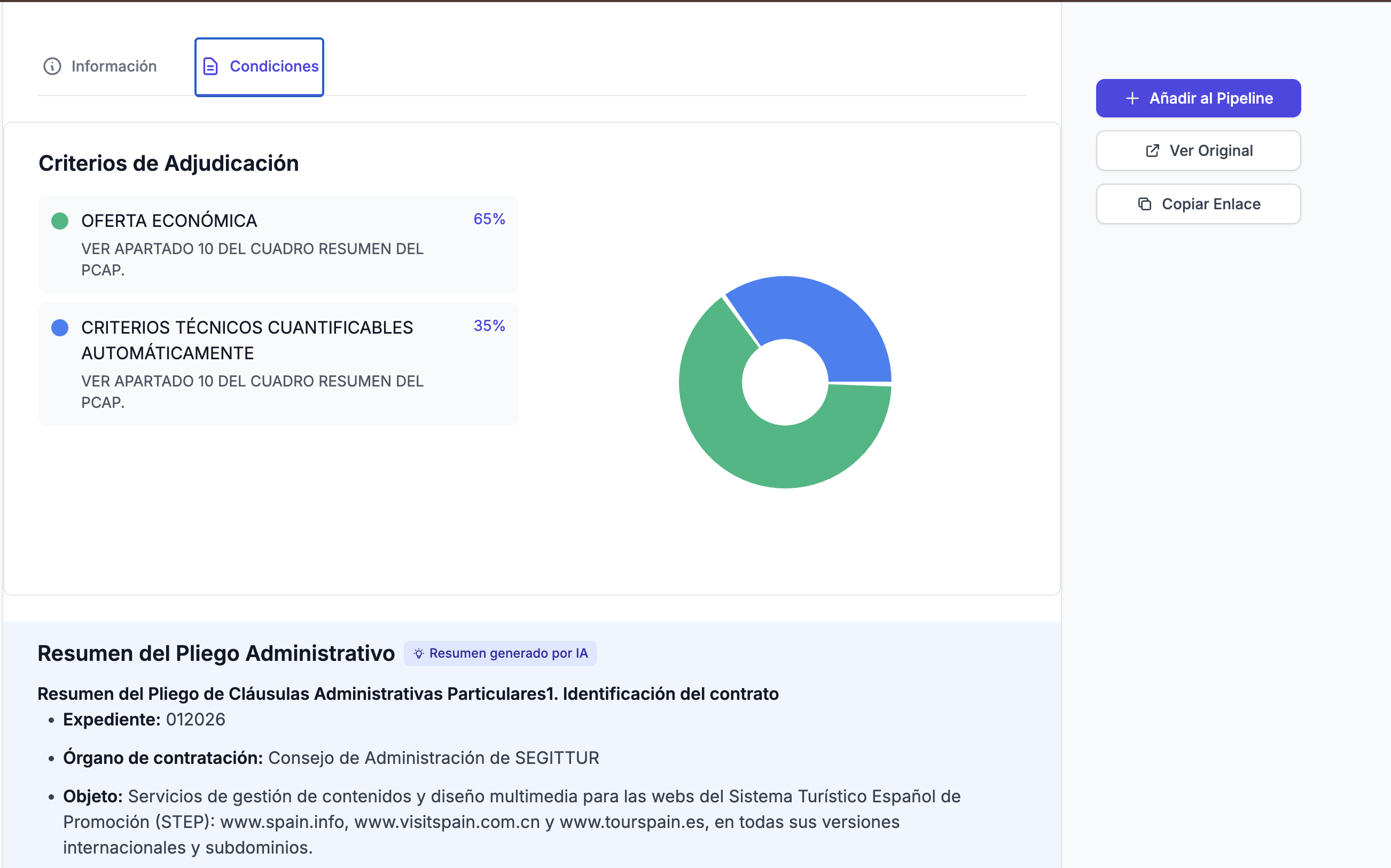 Vista de licitación